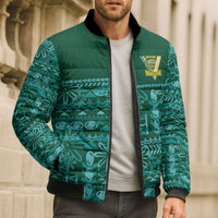 Cook Islands Island Floral Bomber Puffer Jacket Teal Traditional Kuki's Geometric Pattern