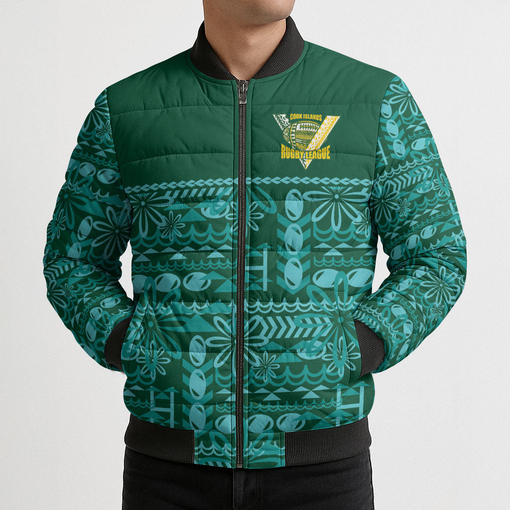 Cook Islands Island Floral Bomber Puffer Jacket Teal Traditional Kuki's Geometric Pattern