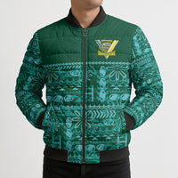 Cook Islands Island Floral Bomber Puffer Jacket Teal Traditional Kuki's Geometric Pattern