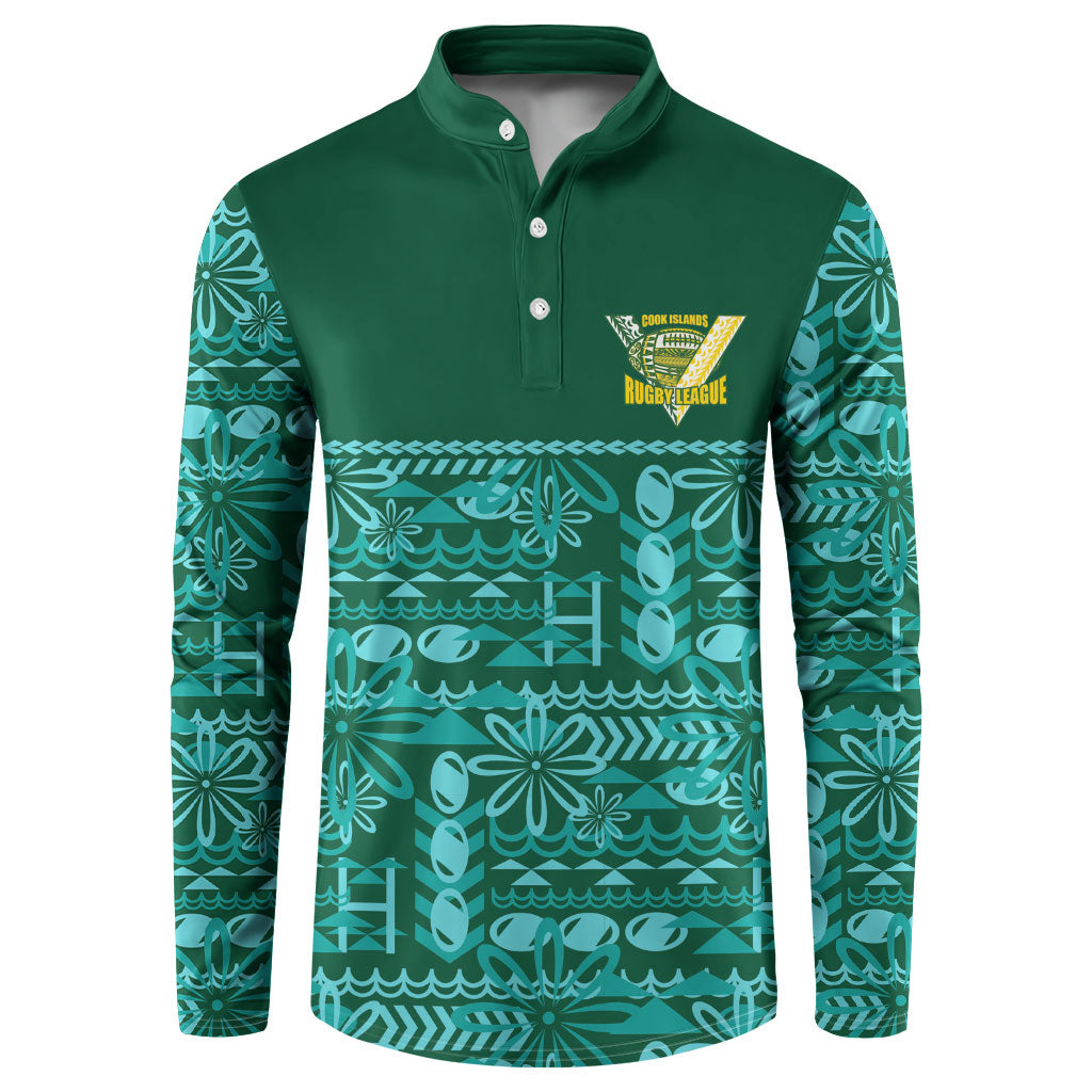 Cook Islands Island Floral Button Sweatshirt Teal Traditional Kuki's Geometric Pattern