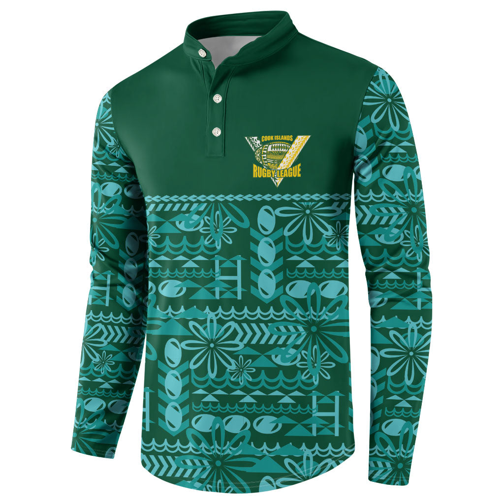 Cook Islands Island Floral Button Sweatshirt Teal Traditional Kuki's Geometric Pattern