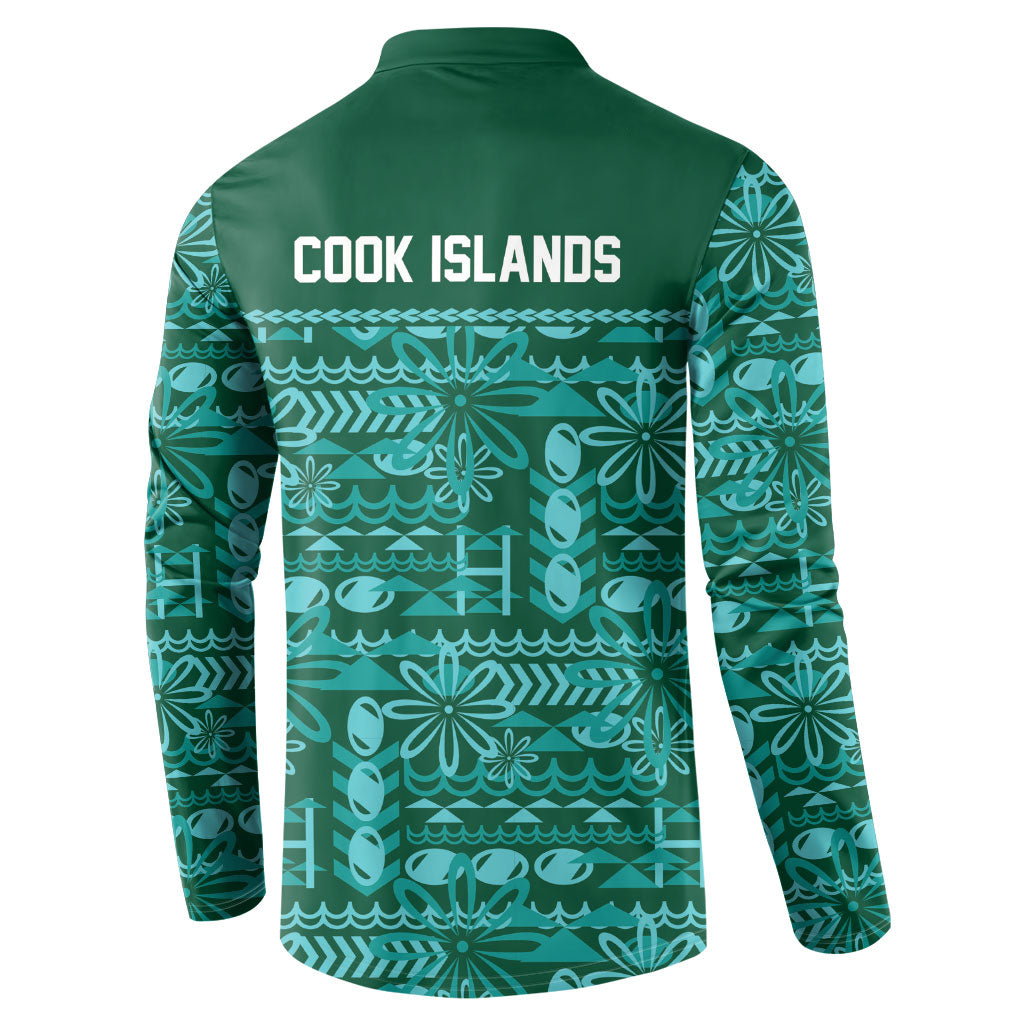 Cook Islands Island Floral Button Sweatshirt Teal Traditional Kuki's Geometric Pattern