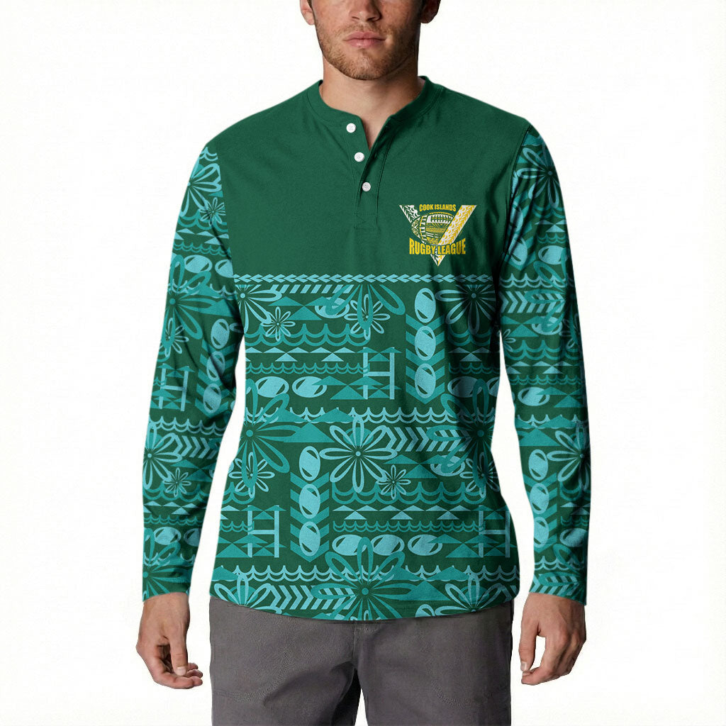 Cook Islands Island Floral Button Sweatshirt Teal Traditional Kuki's Geometric Pattern