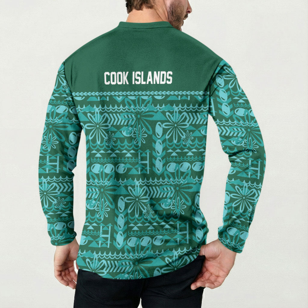 Cook Islands Island Floral Button Sweatshirt Teal Traditional Kuki's Geometric Pattern