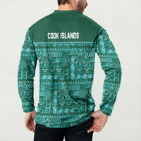 Cook Islands Island Floral Button Sweatshirt Teal Traditional Kuki's Geometric Pattern