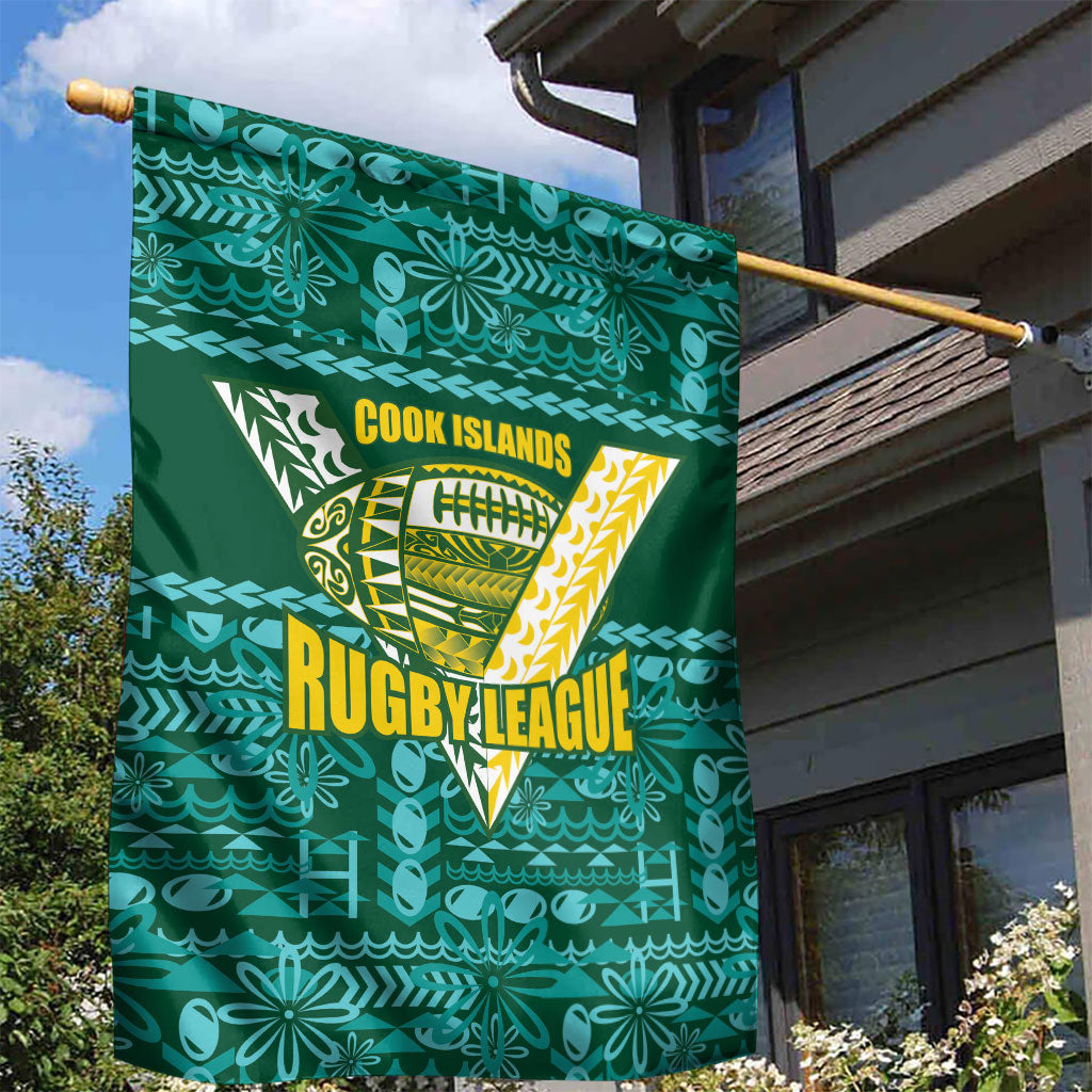 Cook Islands Island Floral Garden Flag Teal Traditional Kuki's Geometric Pattern