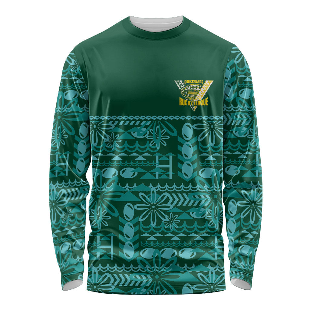 Cook Islands Island Floral Long Sleeve Shirt Teal Traditional Kuki's Geometric Pattern LT9 Unisex Teal - Polynesian Pride