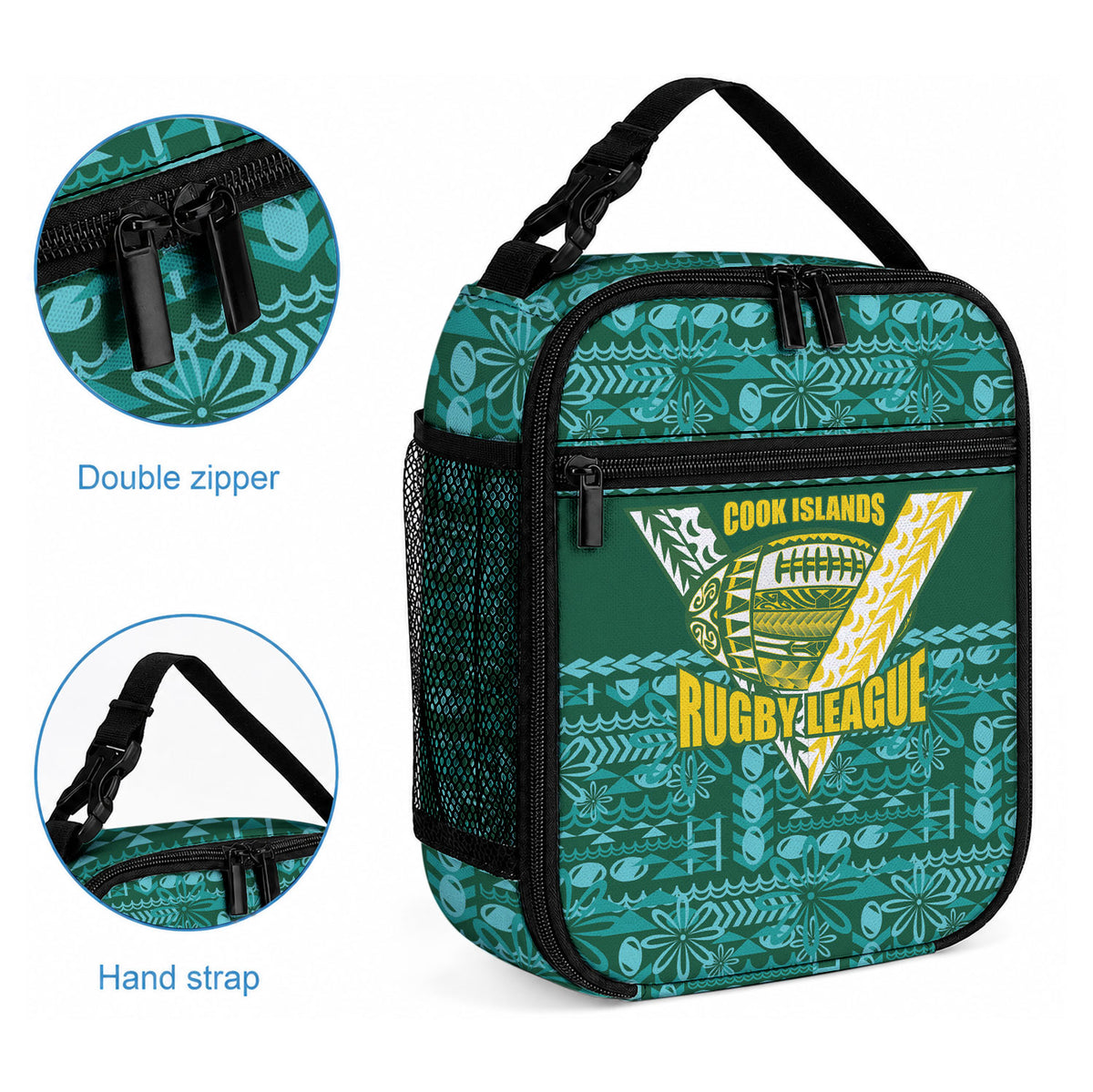 Cook Islands Island Floral Lunch Bag Teal Traditional Kuki's Geometric Pattern