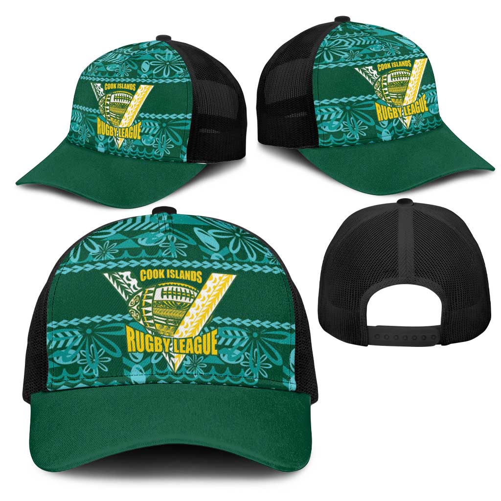 Cook Islands Island Floral Mesh Trucker Cap Teal Traditional Kuki's Geometric Pattern LT9 - Polynesian Pride
