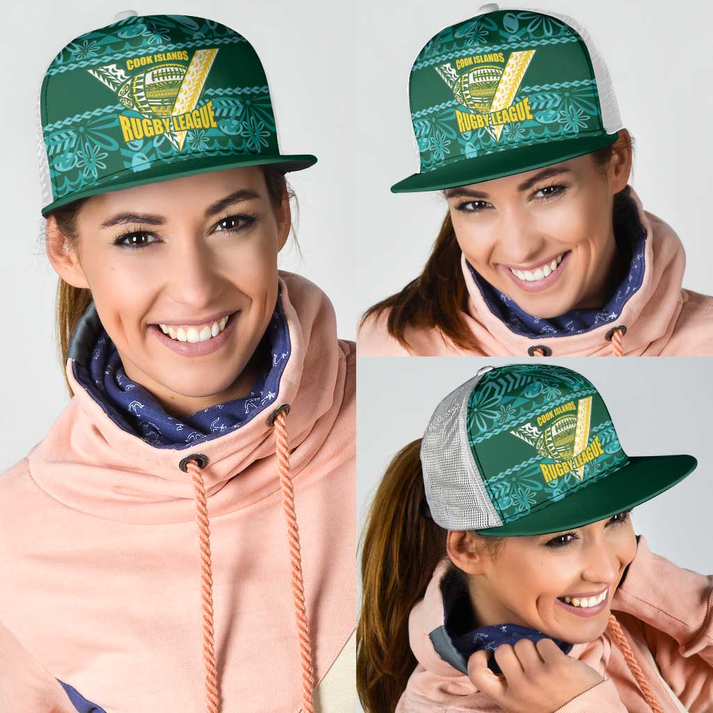 Cook Islands Island Floral Mesh Trucker Cap Teal Traditional Kuki's Geometric Pattern LT9 - Polynesian Pride