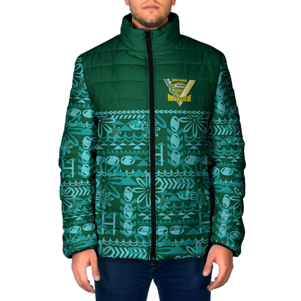 Cook Islands Island Floral Padded Jacket Teal Traditional Kuki's Geometric Pattern