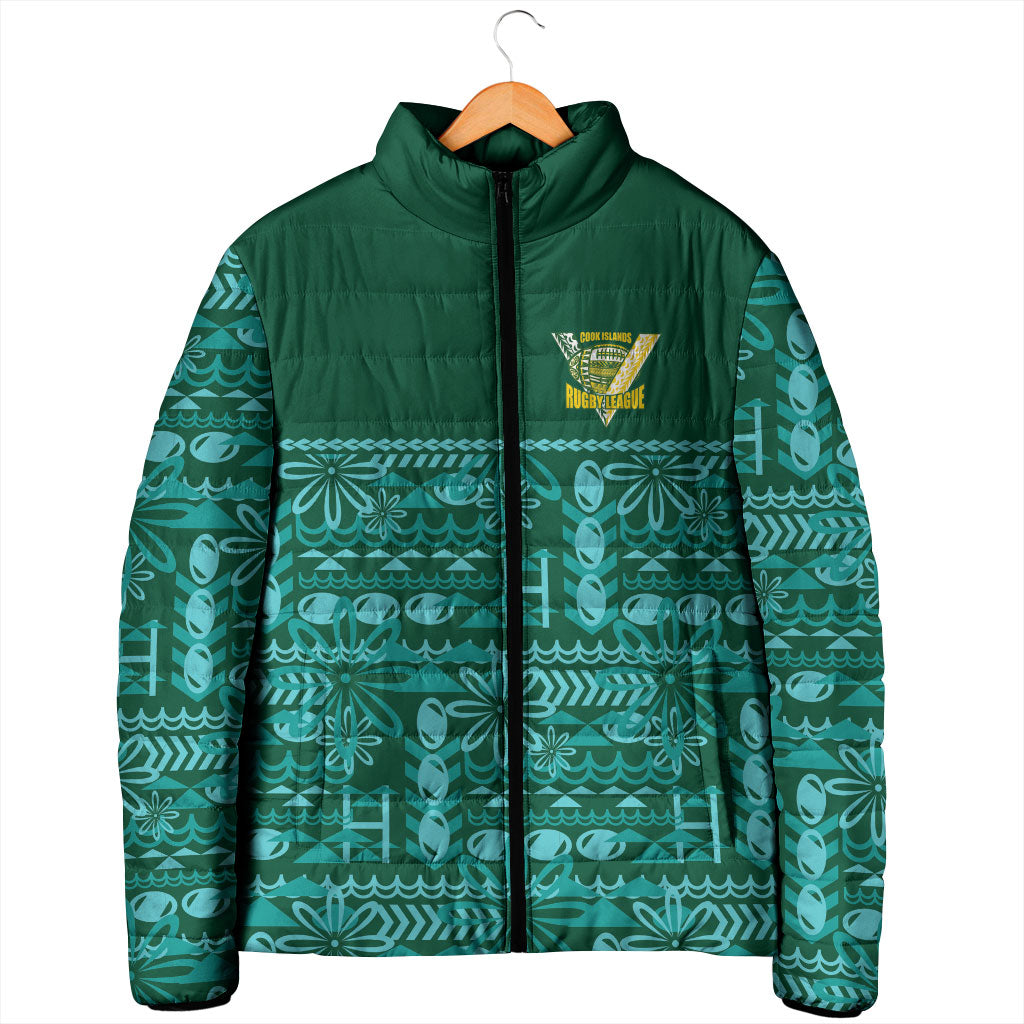 Cook Islands Island Floral Padded Jacket Teal Traditional Kuki's Geometric Pattern