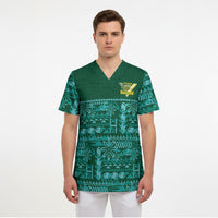 Cook Islands Island Floral Scrub Top Teal Traditional Kuki's Geometric Pattern
