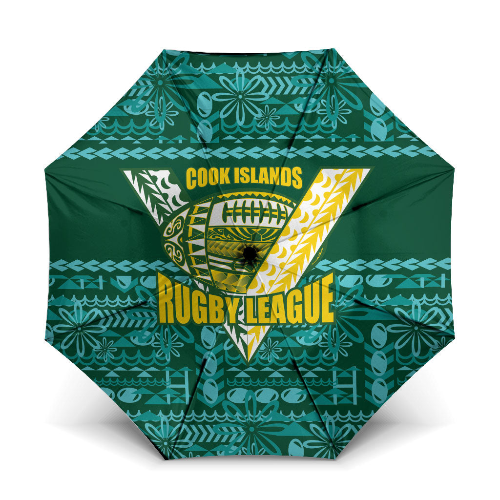 Cook Islands Island Floral Umbrella Teal Traditional Kuki's Geometric Pattern