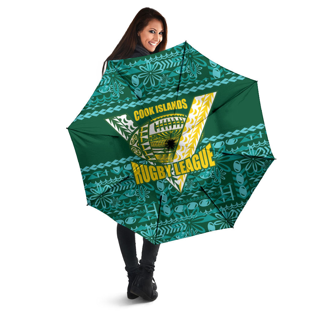 Cook Islands Island Floral Umbrella Teal Traditional Kuki's Geometric Pattern