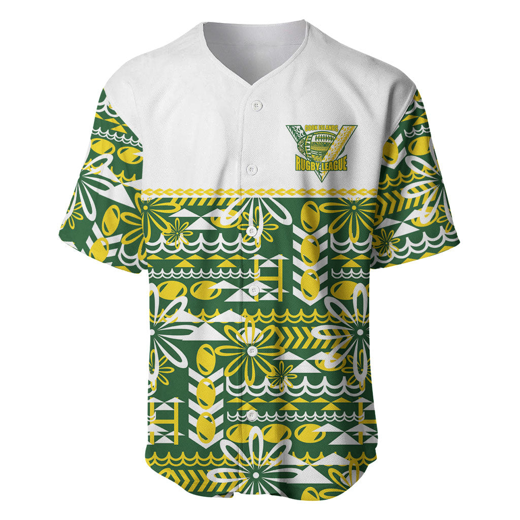 Cook Islands Island Floral Baseball Jersey Green Traditional Kuki's Geometric Pattern LT9 Green - Polynesian Pride