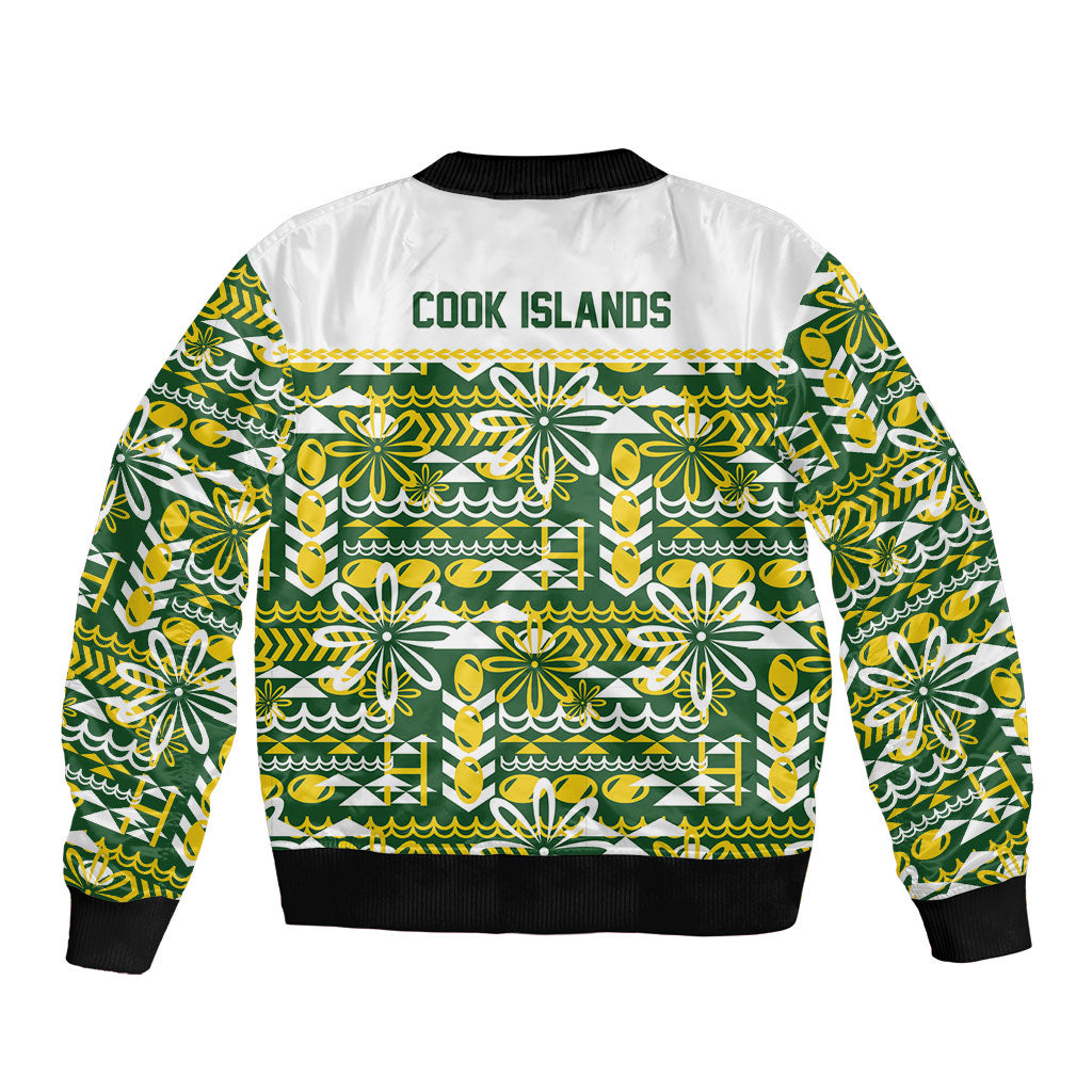 Cook Islands Island Floral Bomber Jacket Green Traditional Kuki's Geometric Pattern LT9 - Polynesian Pride
