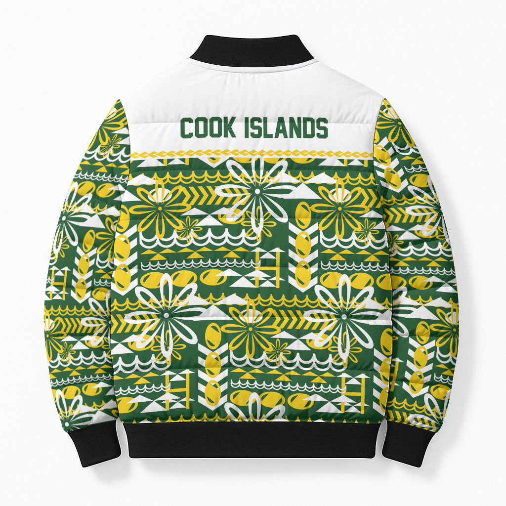 Cook Islands Island Floral Bomber Puffer Jacket Green Traditional Kuki's Geometric Pattern LT9 - Polynesian Pride