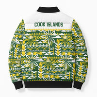 Cook Islands Island Floral Bomber Puffer Jacket Green Traditional Kuki's Geometric Pattern LT9 - Polynesian Pride