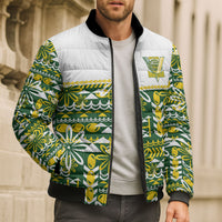 Cook Islands Island Floral Bomber Puffer Jacket Green Traditional Kuki's Geometric Pattern LT9 - Polynesian Pride