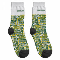 Cook Islands Island Floral Crew Socks Green Traditional Kuki's Geometric Pattern LT9 - Polynesian Pride