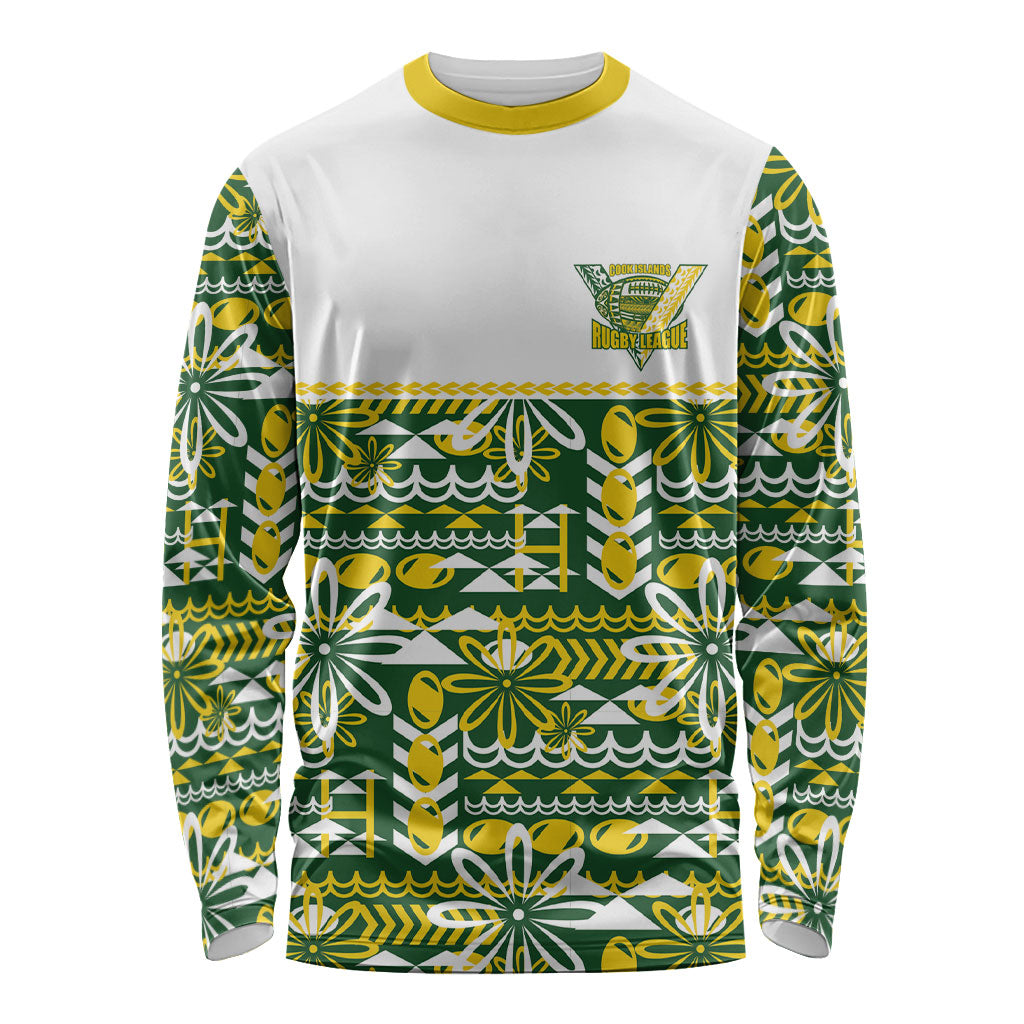 Cook Islands Island Floral Long Sleeve Shirt Green Traditional Kuki's Geometric Pattern LT9 Unisex Green - Polynesian Pride