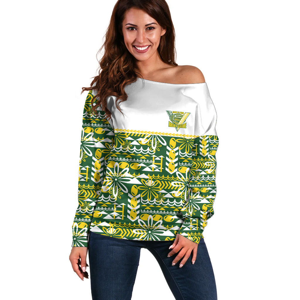 Cook Islands Island Floral Off Shoulder Sweater Green Traditional Kuki's Geometric Pattern