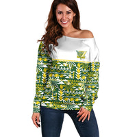 Cook Islands Island Floral Off Shoulder Sweater Green Traditional Kuki's Geometric Pattern