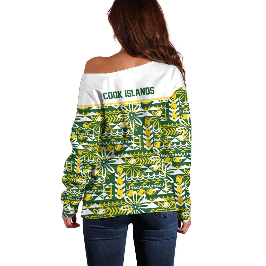 Cook Islands Island Floral Off Shoulder Sweater Green Traditional Kuki's Geometric Pattern
