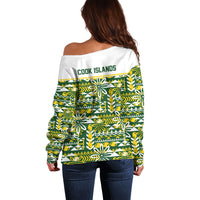 Cook Islands Island Floral Off Shoulder Sweater Green Traditional Kuki's Geometric Pattern