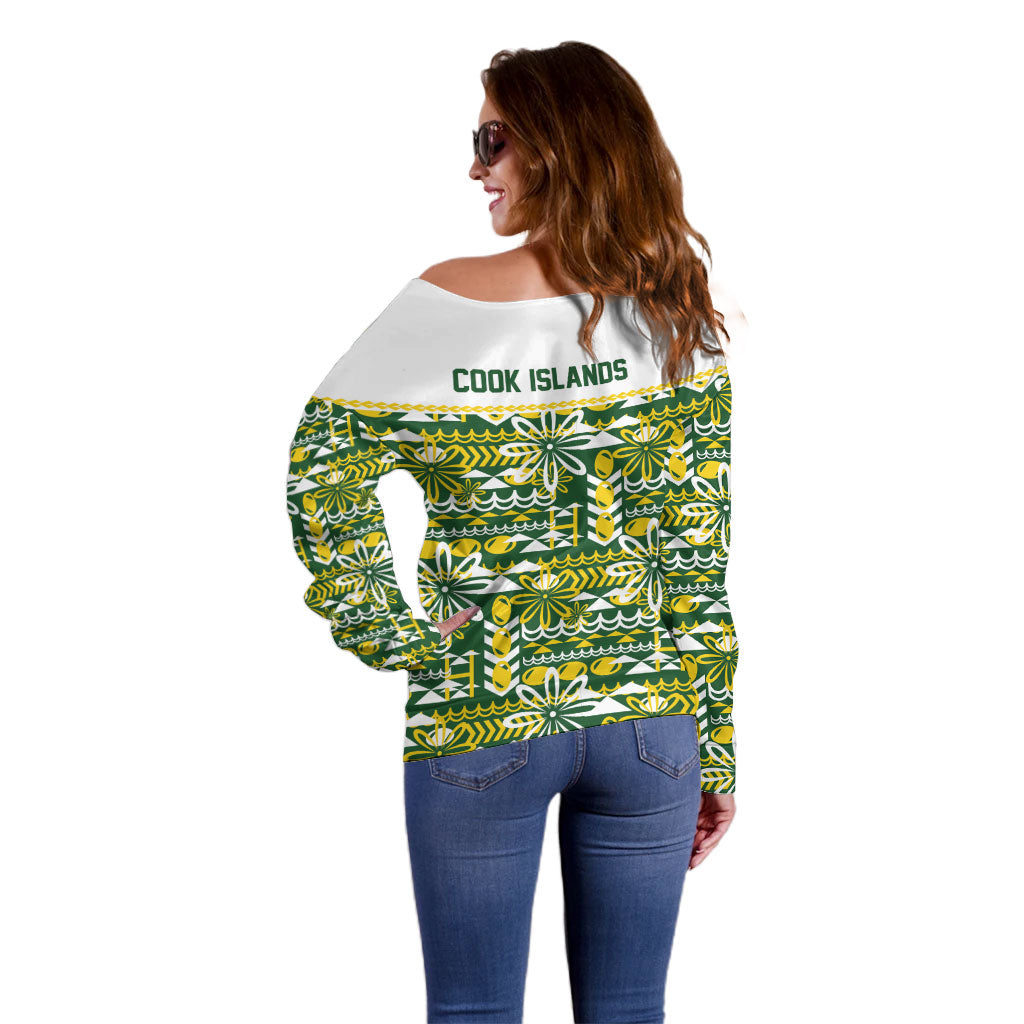 Cook Islands Island Floral Off Shoulder Sweater Green Traditional Kuki's Geometric Pattern