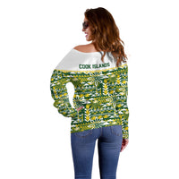 Cook Islands Island Floral Off Shoulder Sweater Green Traditional Kuki's Geometric Pattern