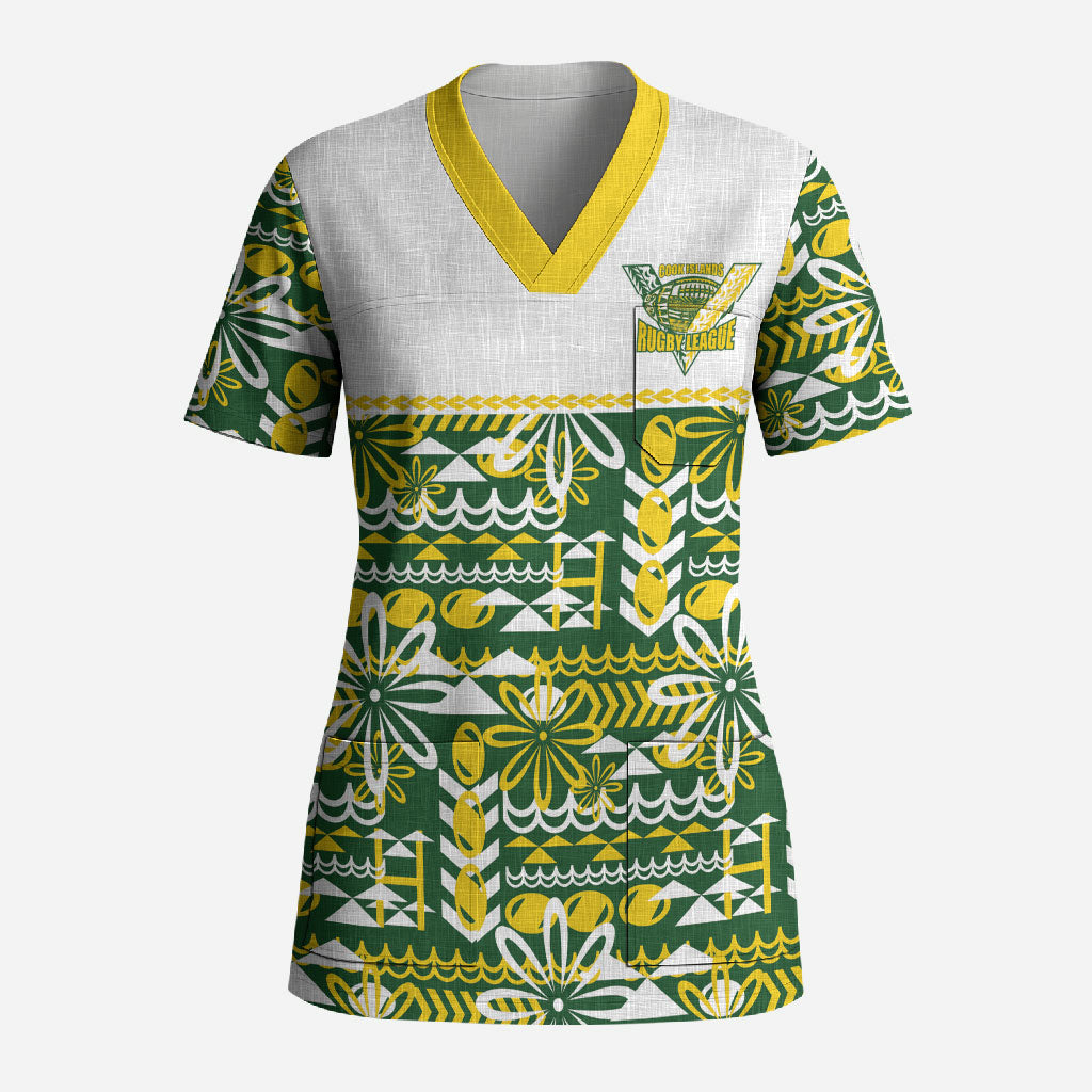 Cook Islands Island Floral Scrub Top Green Traditional Kuki's Geometric Pattern LT9 Adult Green - Polynesian Pride