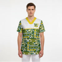 Cook Islands Island Floral Scrub Top Green Traditional Kuki's Geometric Pattern LT9 - Polynesian Pride