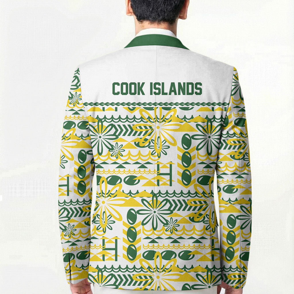 Cook Islands Island Floral Blazer White Traditional Kuki's Geometric Pattern LT9 - Polynesian Pride