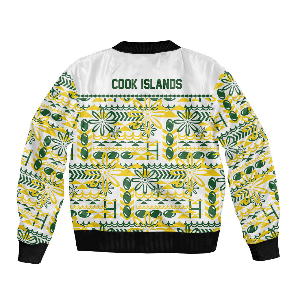 Cook Islands Island Floral Bomber Jacket White Traditional Kuki's Geometric Pattern LT9 - Polynesian Pride