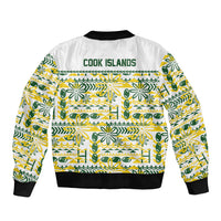 Cook Islands Island Floral Bomber Jacket White Traditional Kuki's Geometric Pattern LT9 - Polynesian Pride