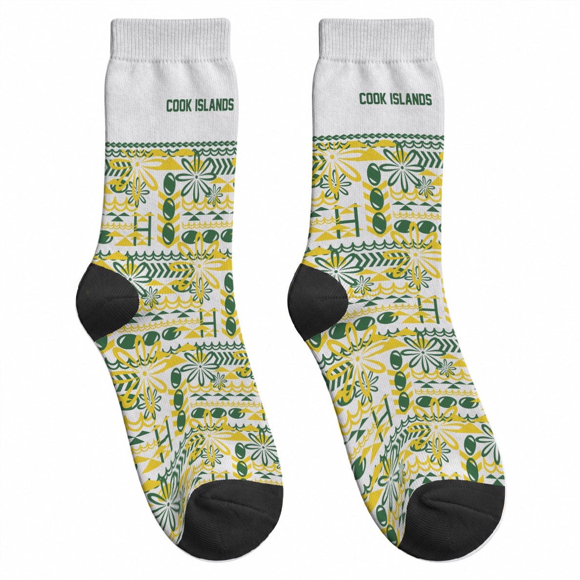 Cook Islands Island Floral Crew Socks White Traditional Kuki's Geometric Pattern LT9 - Polynesian Pride