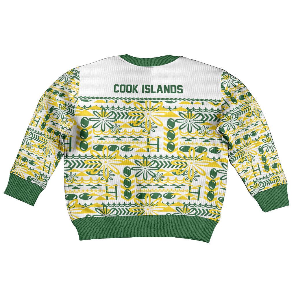 Cook Islands Island Floral Kid Ugly Christmas Sweater White Traditional Kuki's Geometric Pattern LT9 - Polynesian Pride