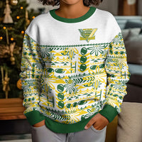 Cook Islands Island Floral Kid Ugly Christmas Sweater White Traditional Kuki's Geometric Pattern LT9 - Polynesian Pride