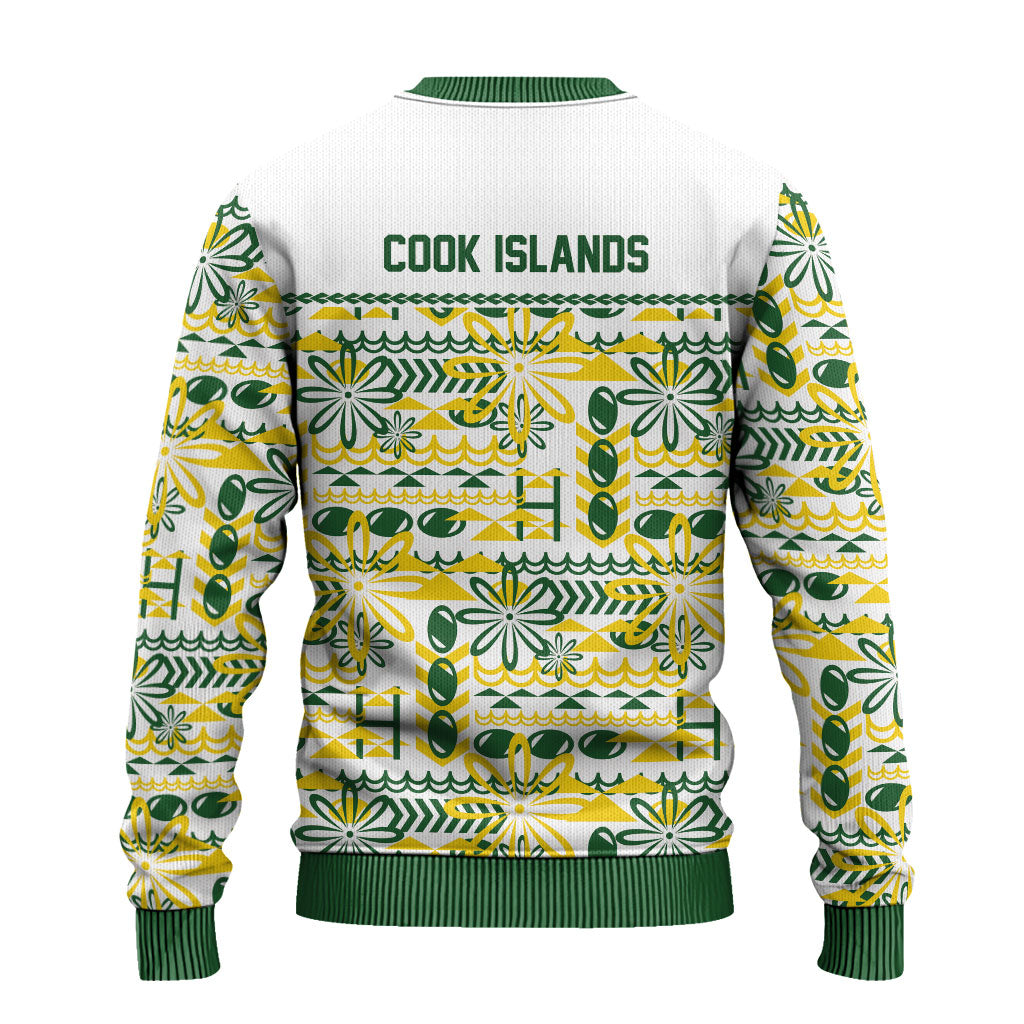 Cook Islands Island Floral Ugly Christmas Sweater White Traditional Kuki's Geometric Pattern LT9 - Polynesian Pride