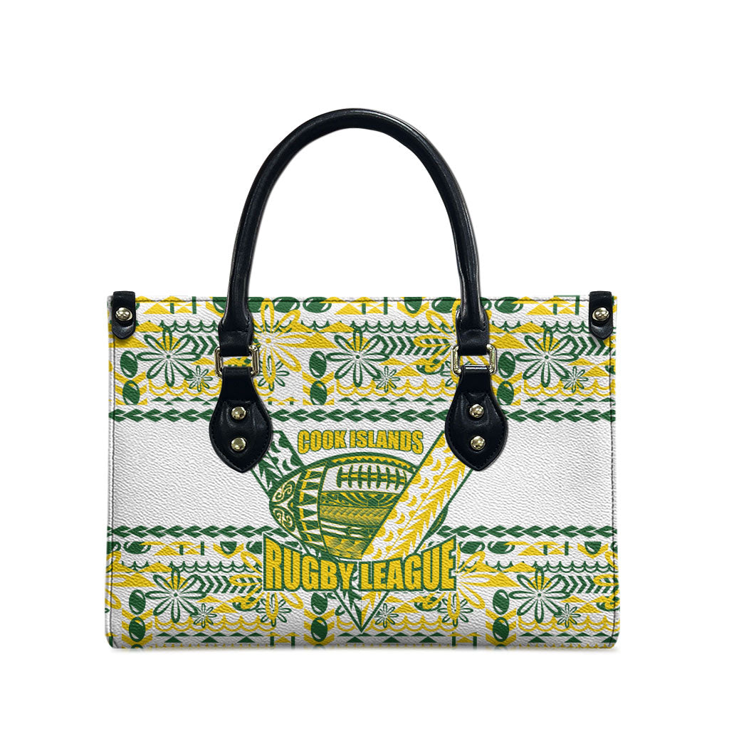 Cook Islands Island Floral Leather Bag White Traditional Kuki's Geometric Pattern LT9 - Polynesian Pride