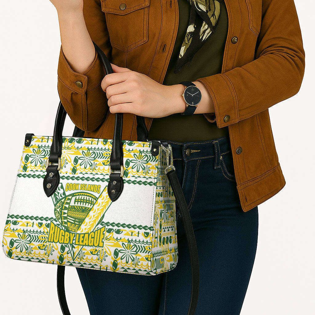 Cook Islands Island Floral Leather Bag White Traditional Kuki's Geometric Pattern LT9 - Polynesian Pride