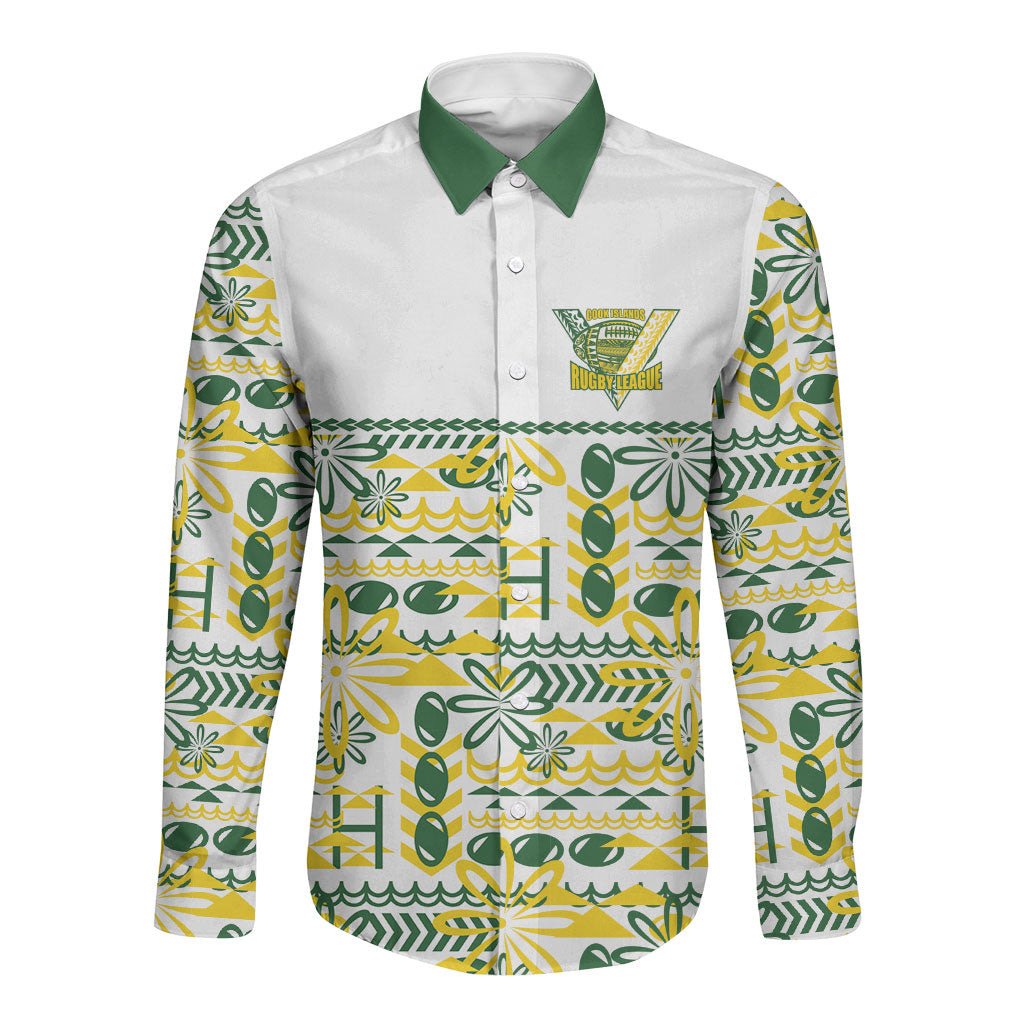 Cook Islands Island Floral Long Sleeve Button Shirt White Traditional Kuki's Geometric Pattern LT9 Unisex White - Polynesian Pride