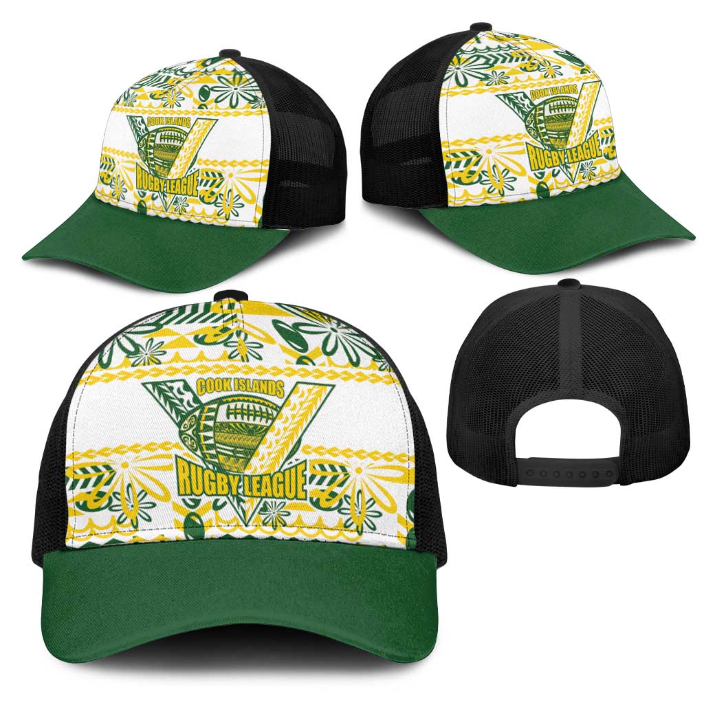 Cook Islands Island Floral Mesh Trucker Cap White Traditional Kuki's Geometric Pattern LT9 - Polynesian Pride