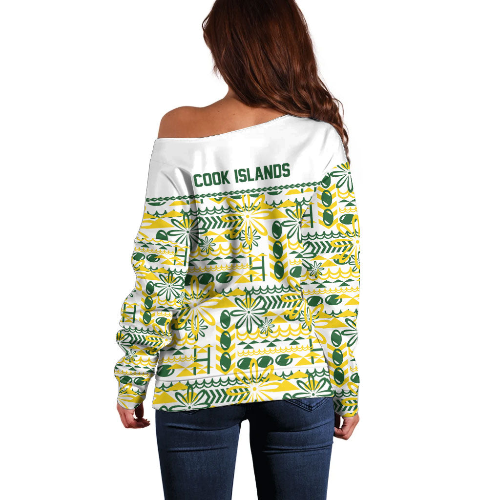 Cook Islands Island Floral Off Shoulder Sweater White Traditional Kuki's Geometric Pattern LT9 - Polynesian Pride