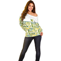Cook Islands Island Floral Off Shoulder Sweater White Traditional Kuki's Geometric Pattern LT9 - Polynesian Pride