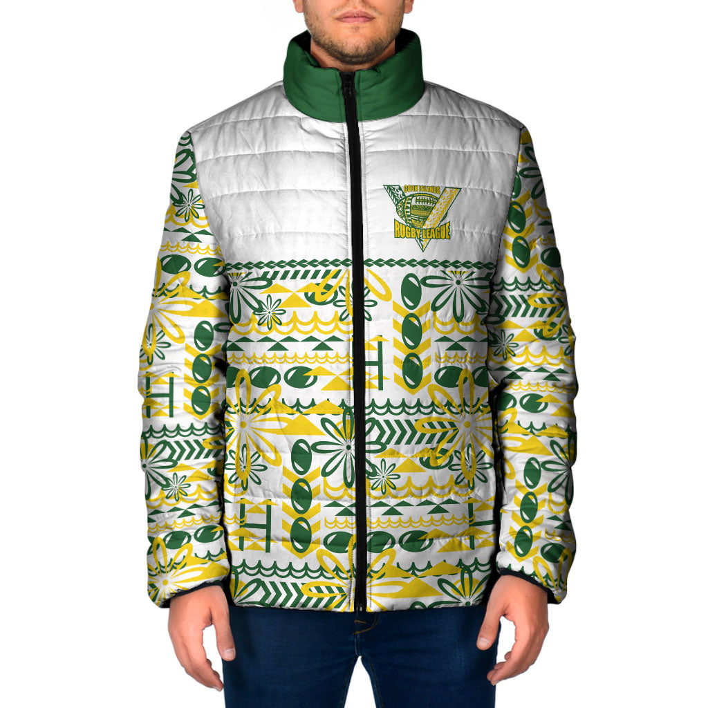 Cook Islands Island Floral Padded Jacket White Traditional Kuki's Geometric Pattern LT9 Men White - Polynesian Pride