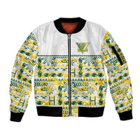 Cook Islands Island Floral Sleeve Zip Bomber Jacket White Traditional Kuki's Geometric Pattern LT9 Unisex White - Polynesian Pride