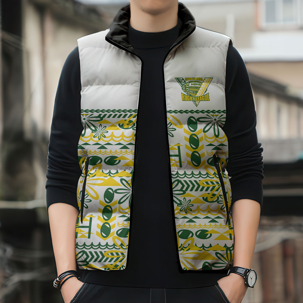 Cook Islands Island Floral Sleeveless Puffer Jacket White Traditional Kuki's Geometric Pattern LT9 - Polynesian Pride